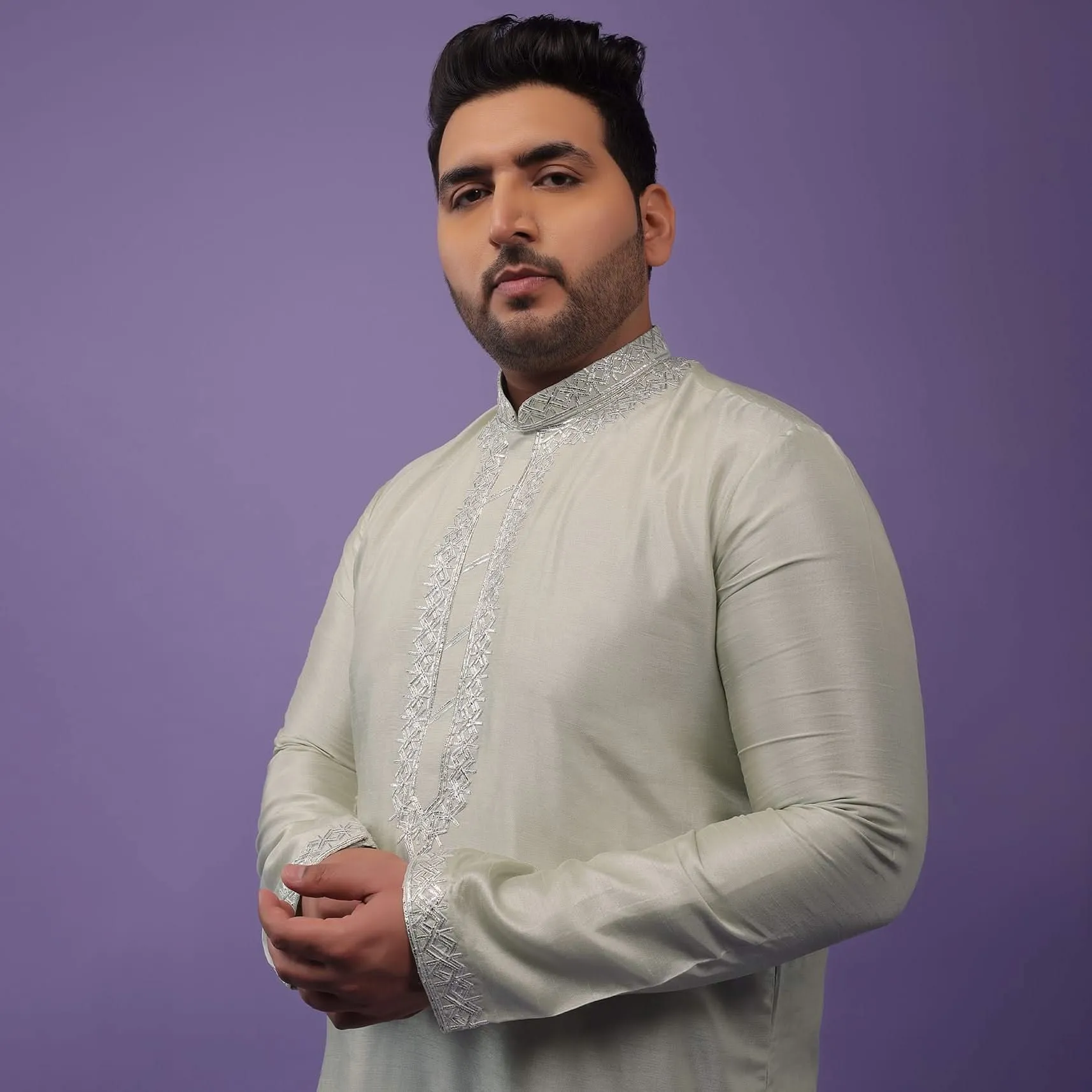 Aqua Green Silk Kurta Set With Gotta Embroidered Yoke