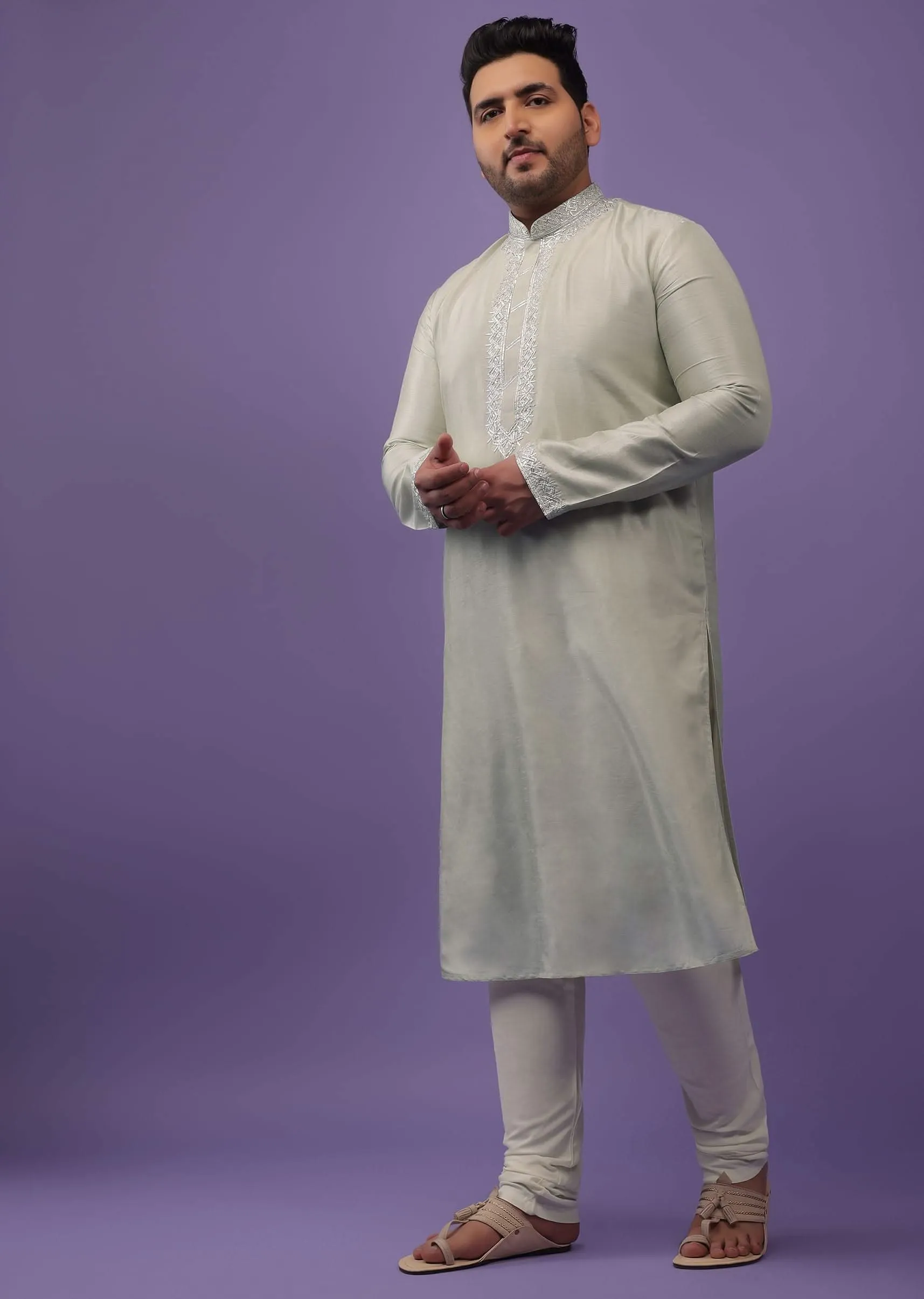Aqua Green Silk Kurta Set With Gotta Embroidered Yoke