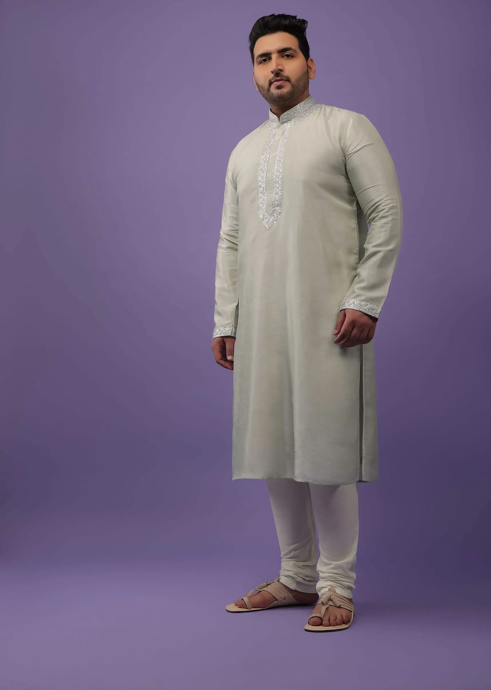 Aqua Green Silk Kurta Set With Gotta Embroidered Yoke