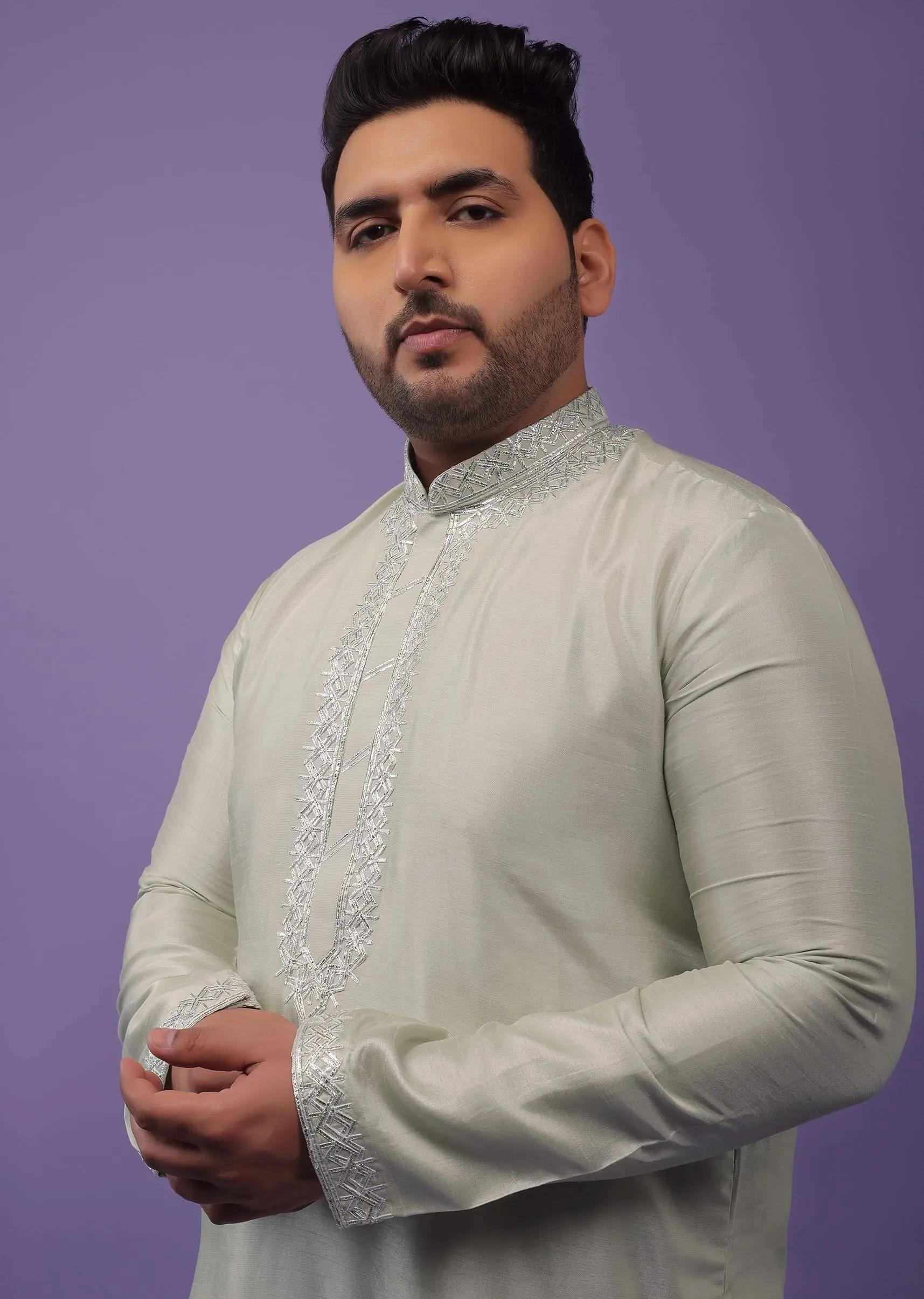 Aqua Green Silk Kurta Set With Gotta Embroidered Yoke