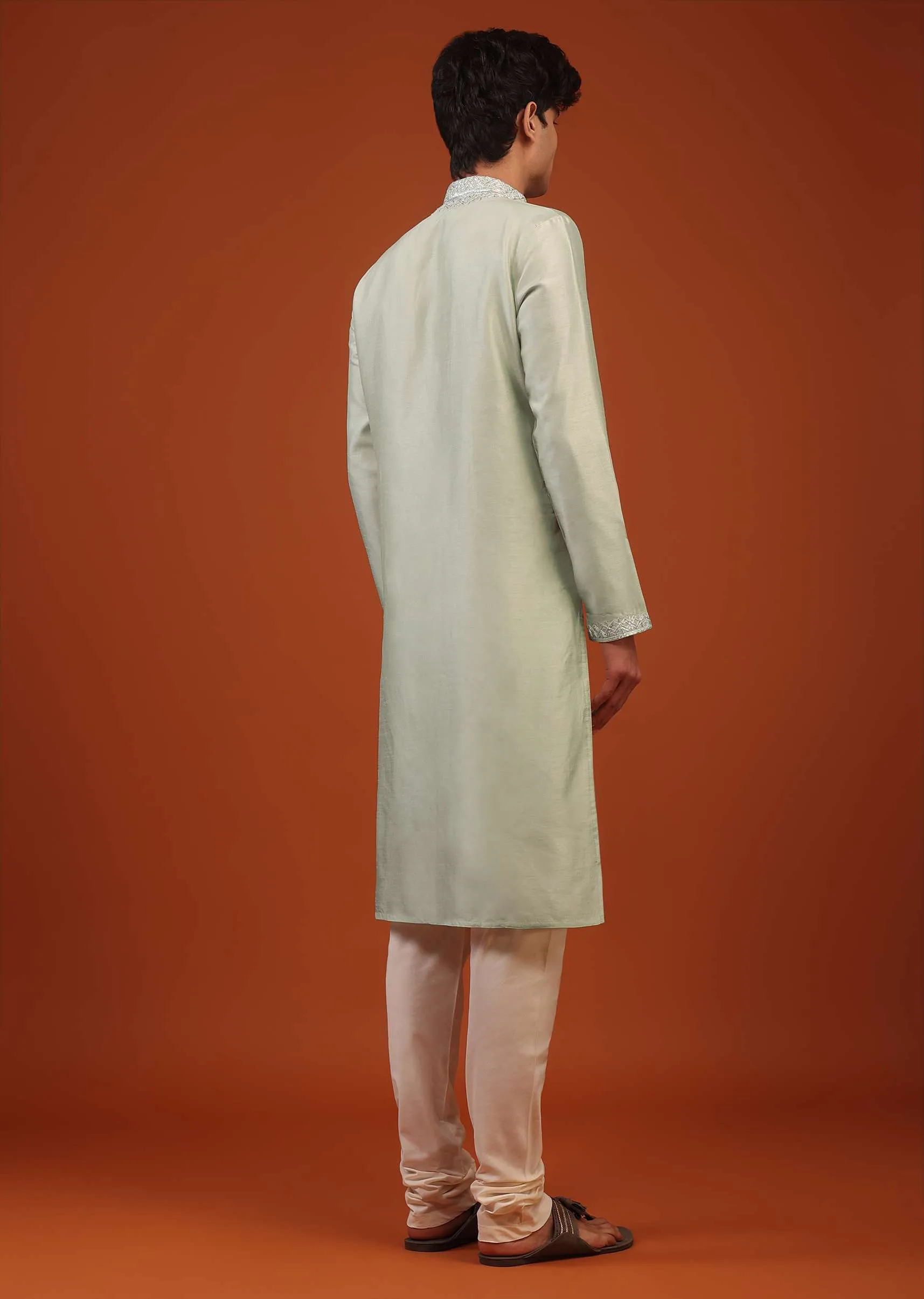 Aqua Green Silk Kurta Set With Gotta Embroidered Yoke
