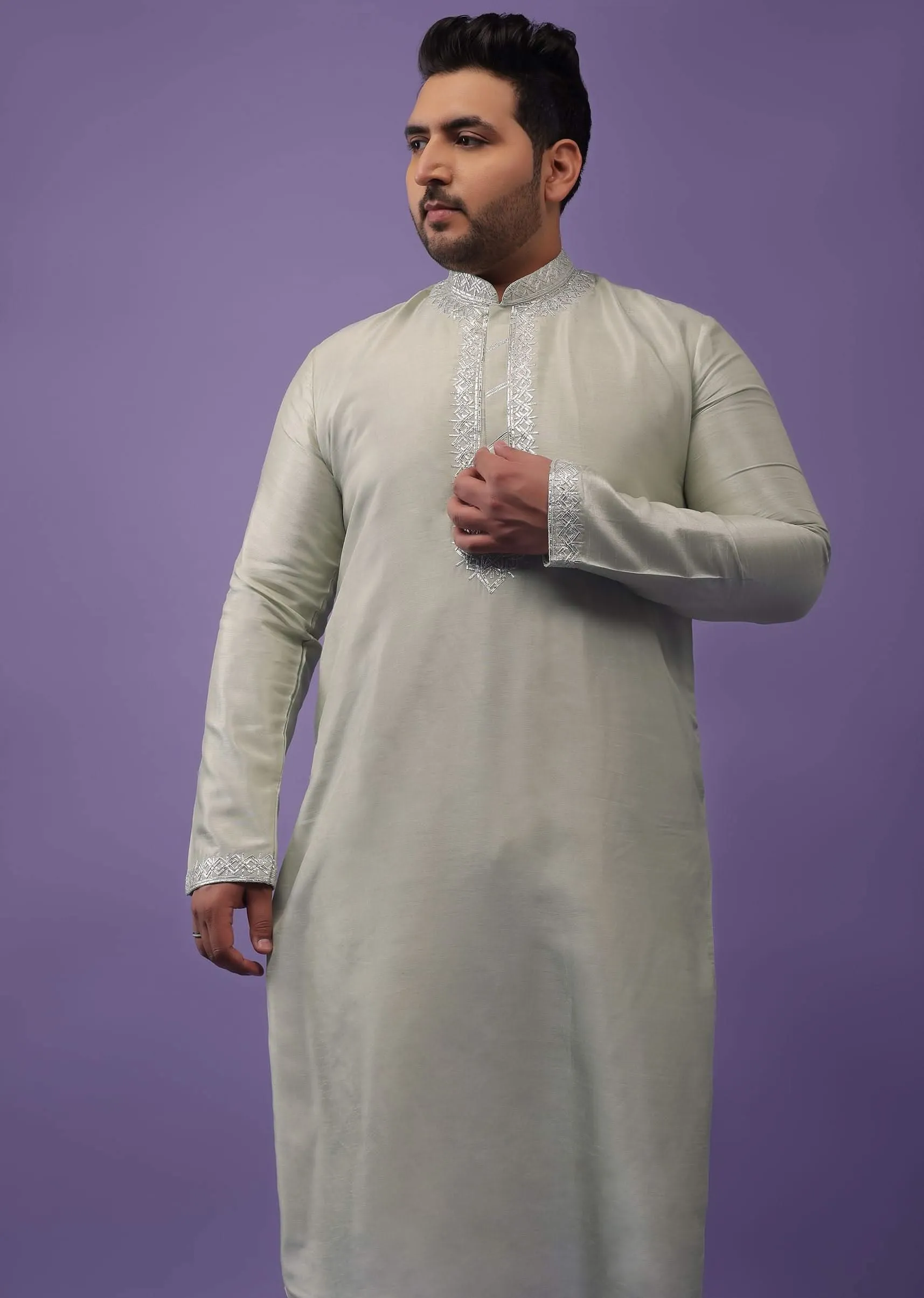 Aqua Green Silk Kurta Set With Gotta Embroidered Yoke