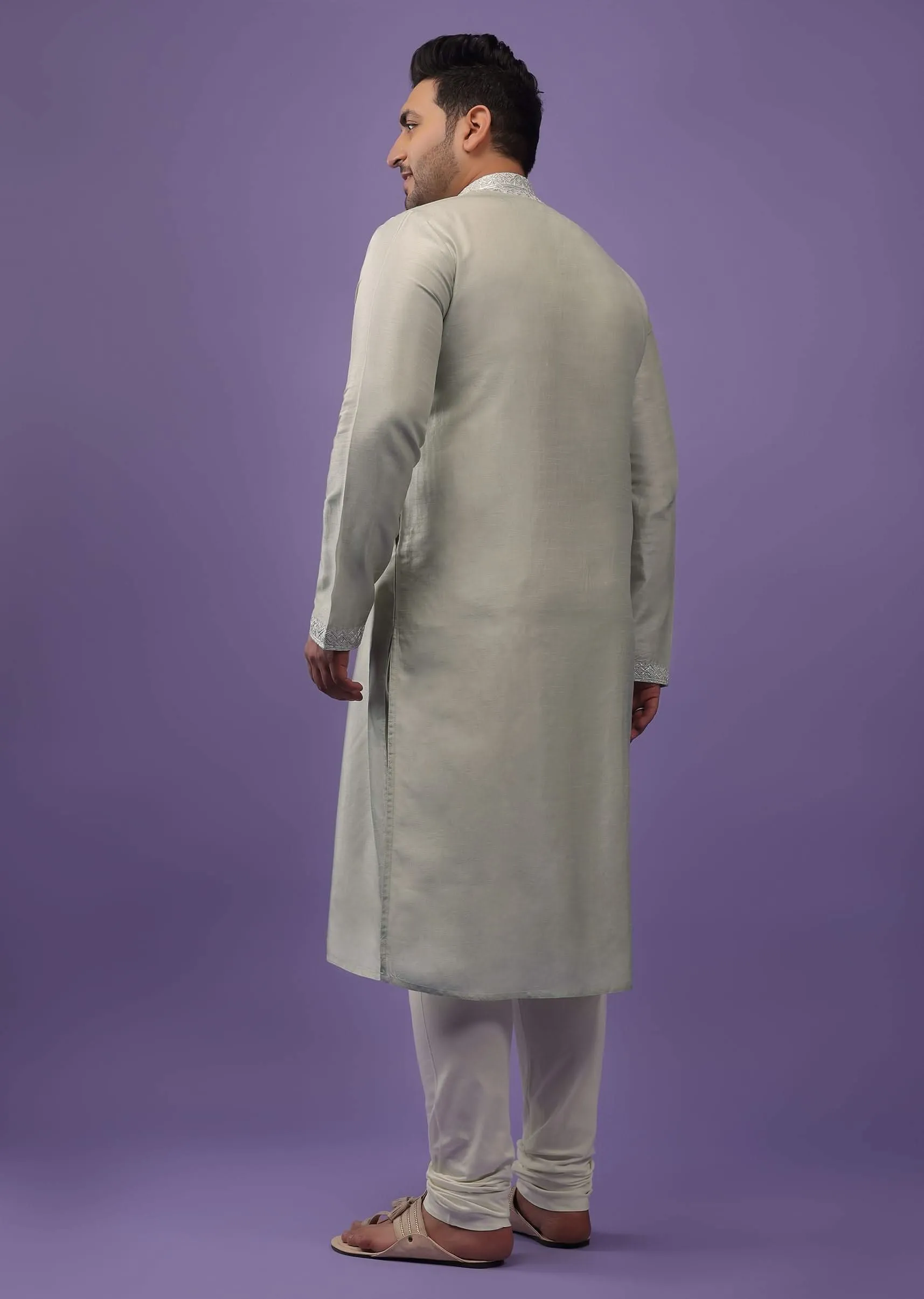 Aqua Green Silk Kurta Set With Gotta Embroidered Yoke