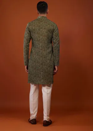 Army Green Floral Embroidered Kurta Set In Suede Velvet