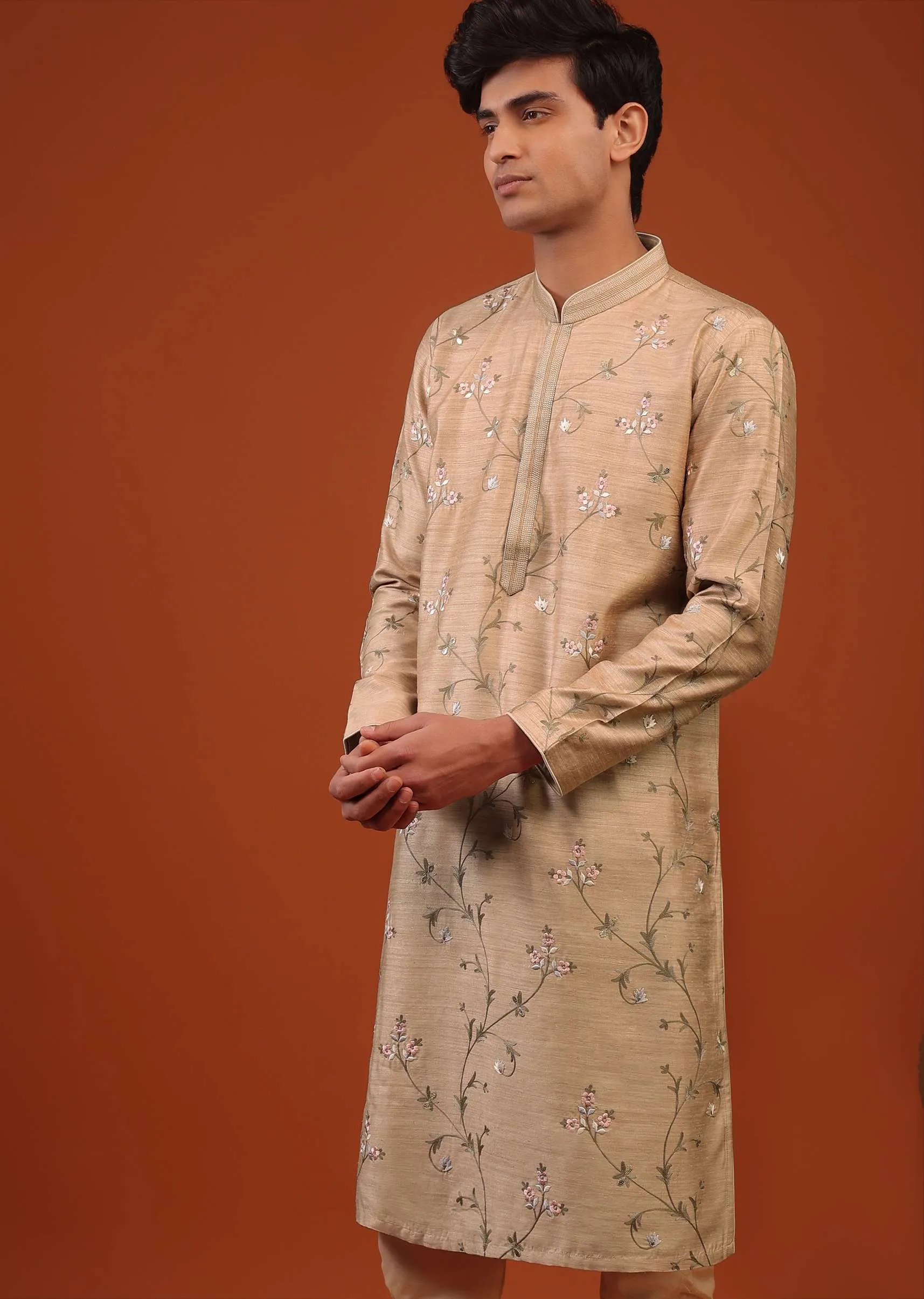 Beige Brown Floral Embroidered Silk Kurta Set
