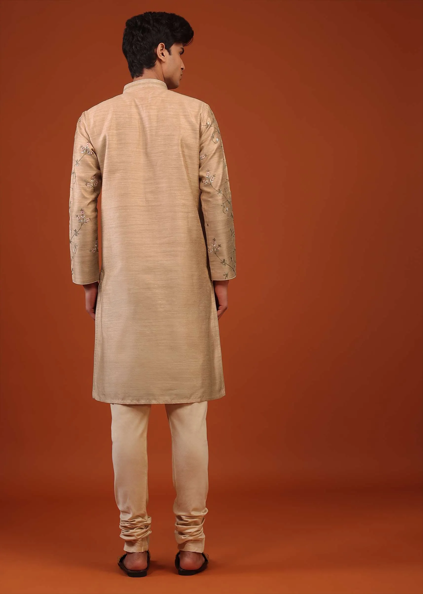 Beige Brown Floral Embroidered Silk Kurta Set