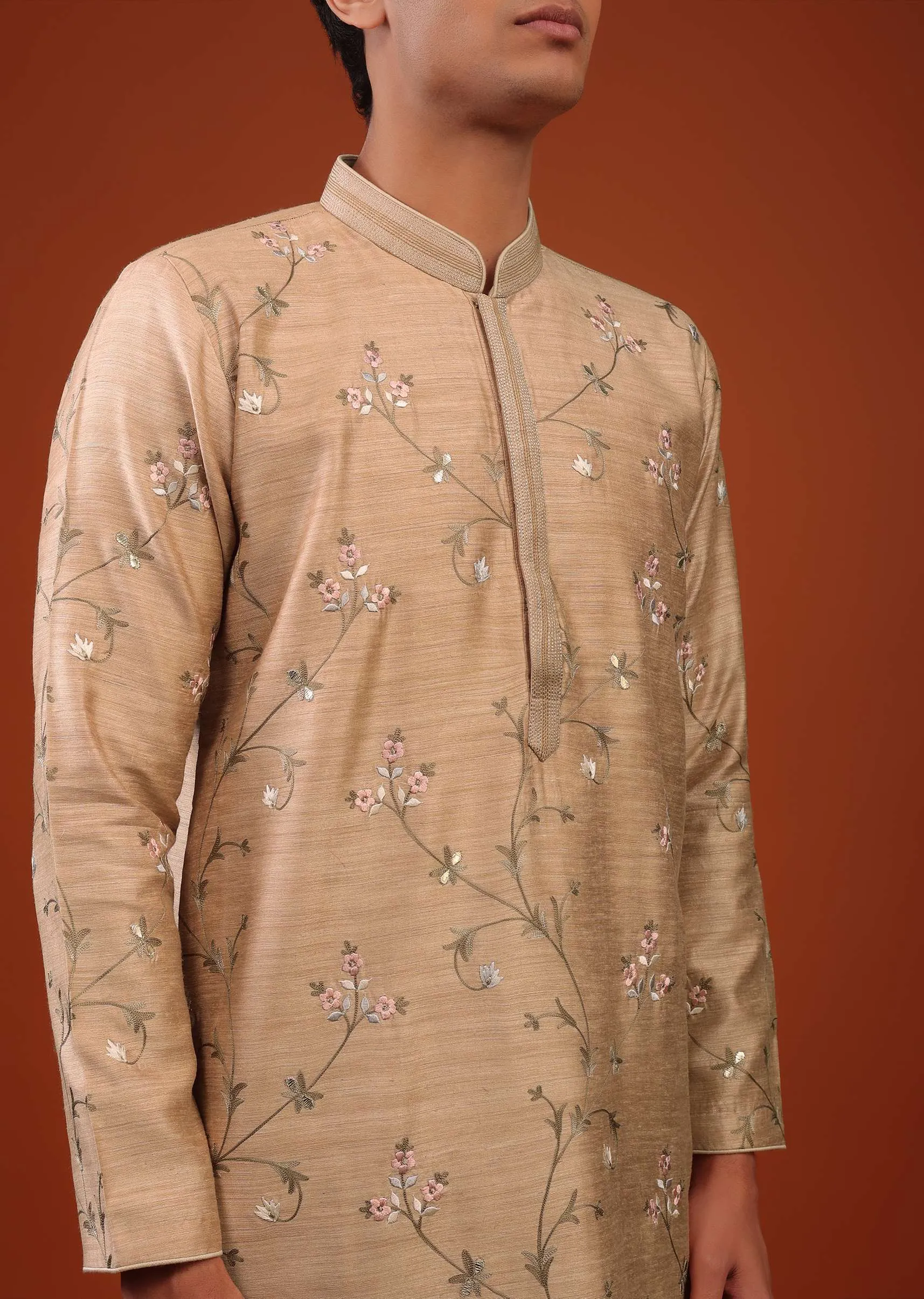 Beige Brown Floral Embroidered Silk Kurta Set