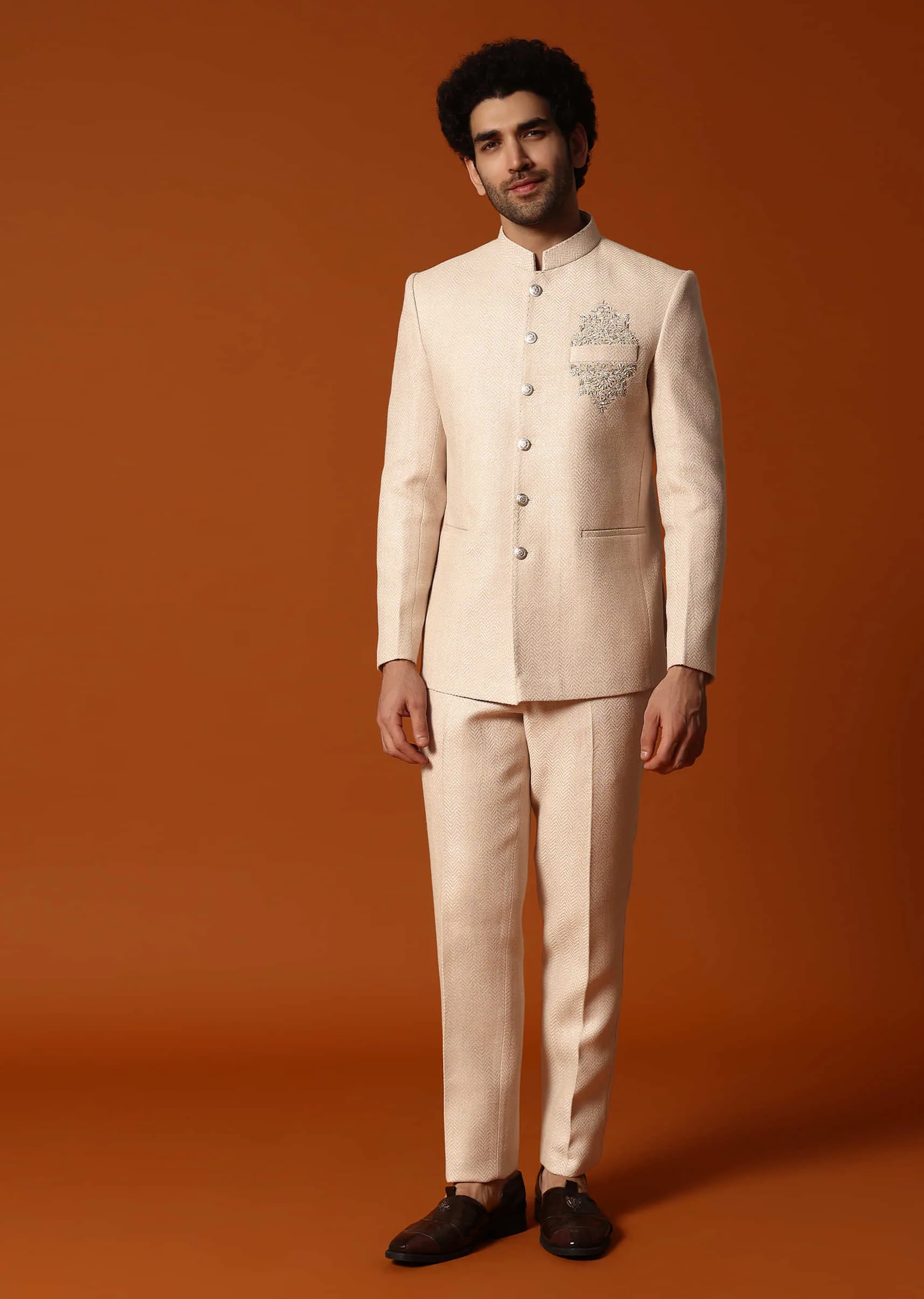 Beige Embroidered Silk Jodhpuri Suit For Men