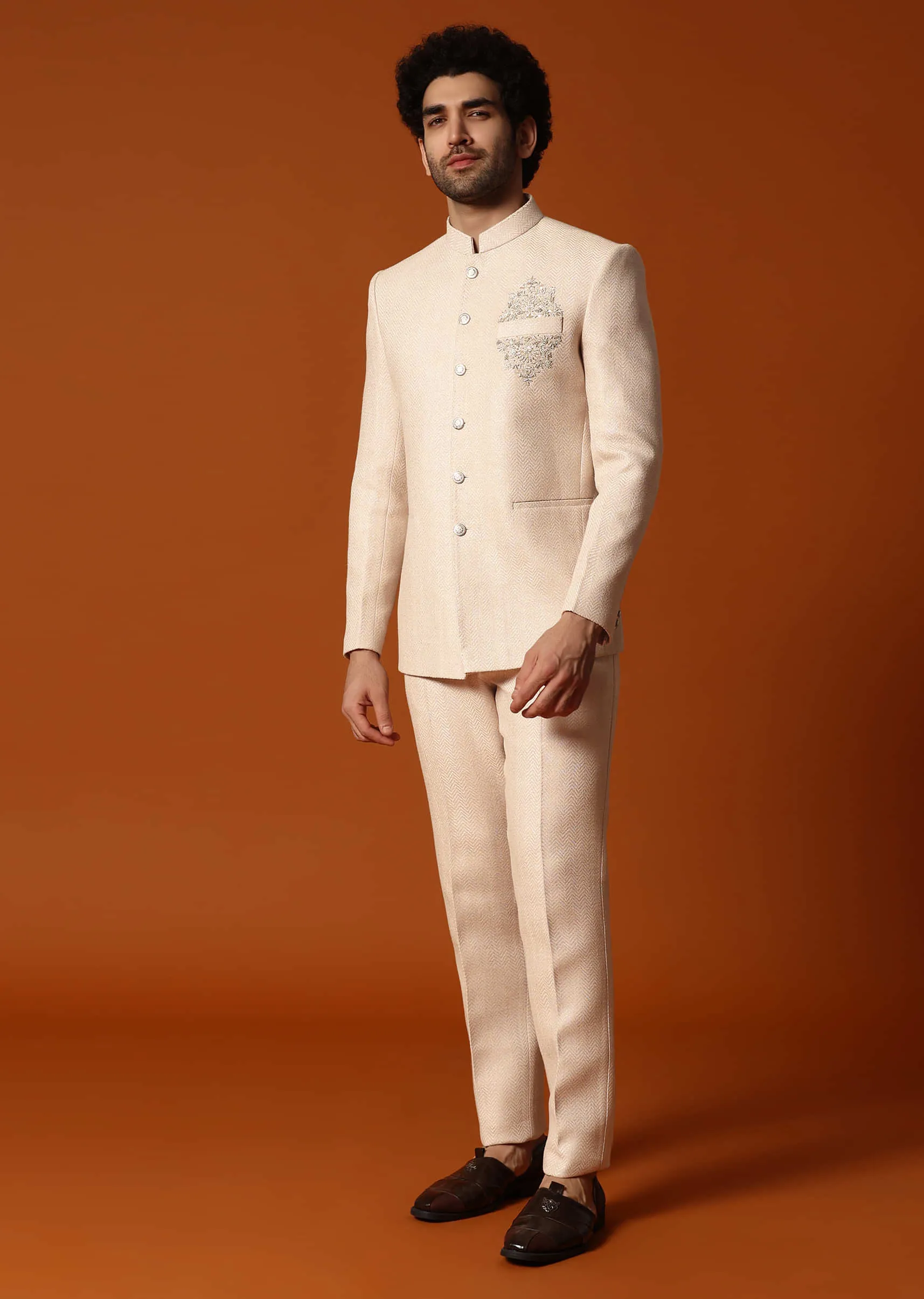 Beige Embroidered Silk Jodhpuri Suit For Men