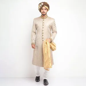 Ecru Pure Jamavar Form Fitted Sherwani
