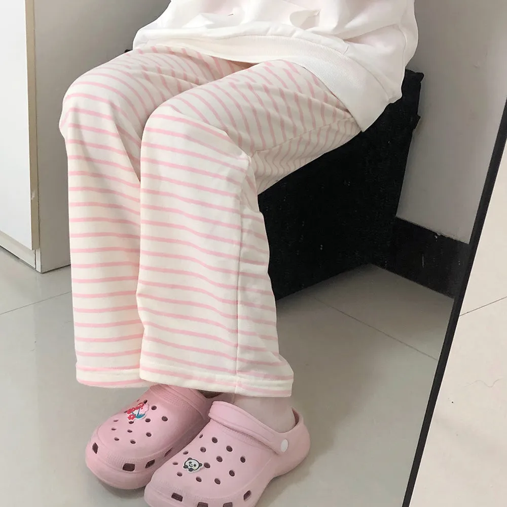 Japanese-style Cute Pink Striped Autumn Pants