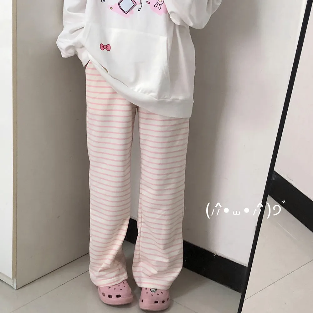 Japanese-style Cute Pink Striped Autumn Pants