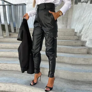 UAKISS  -  Chic Fashion Button PU Leather Pants Women Spring Bottoming Zip-up Split Trousers Autumn Pockets Slim Bandage Pencil Pants Mujer