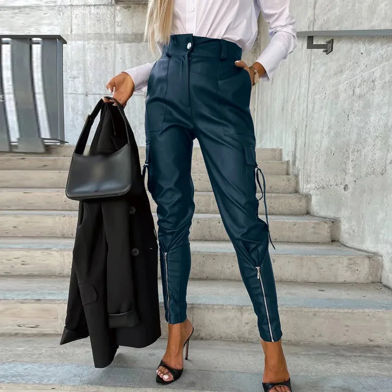 UAKISS  -  Chic Fashion Button PU Leather Pants Women Spring Bottoming Zip-up Split Trousers Autumn Pockets Slim Bandage Pencil Pants Mujer