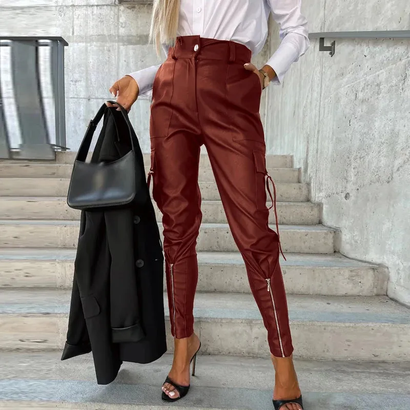 UAKISS  -  Chic Fashion Button PU Leather Pants Women Spring Bottoming Zip-up Split Trousers Autumn Pockets Slim Bandage Pencil Pants Mujer