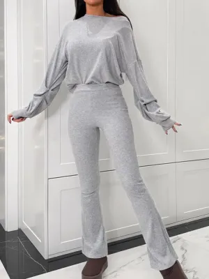 UAKISS  -  New Pullover Top Flare Pants 2PCS Outfit, Spring Autumn Women Batwing Sleeve Matching Sets, Fashion Solid Patchwork Ladies Suits