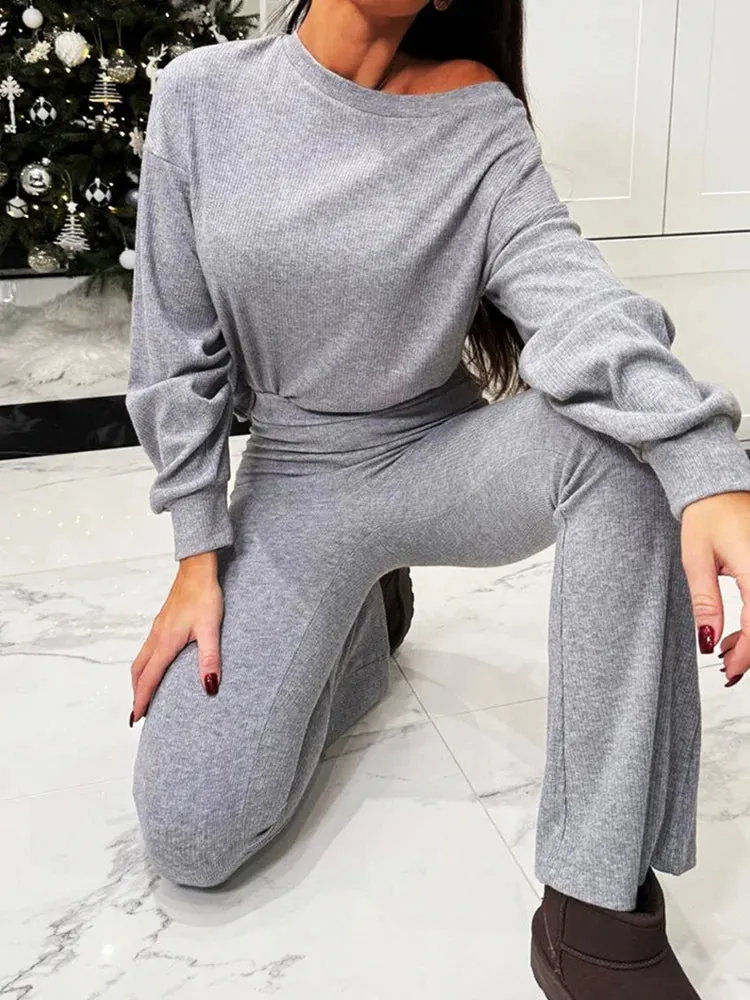 UAKISS  -  New Pullover Top Flare Pants 2PCS Outfit, Spring Autumn Women Batwing Sleeve Matching Sets, Fashion Solid Patchwork Ladies Suits